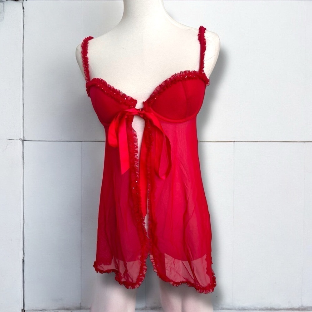 Y2K la Senza glitter mesh ribbon Red Sheer Babydoll Lingerie Y2K whimsygoth M